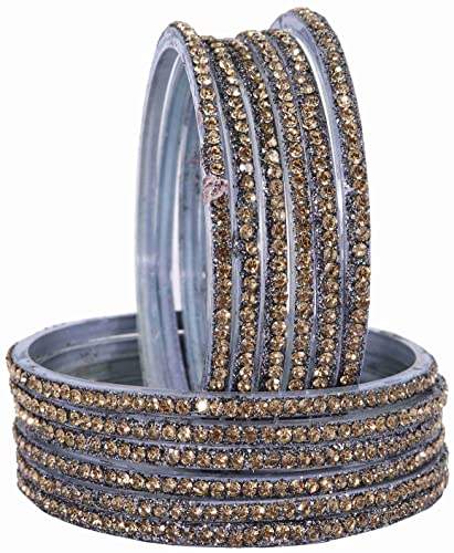 Image of NMII Glass with Zircon Gemstone and Beads Studdded Glossy Finished Traditional Bangle Set For Women and Girls