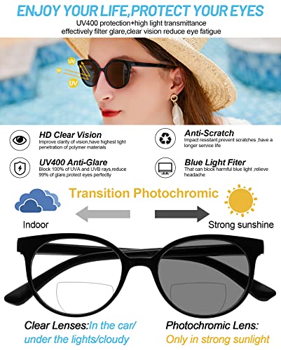 Image of OCCI CHIARI Photochromic Bifocal Reading Glasses Womens Round Blue Light Blocking Readers 1.0 1.5 2.0 2.5 3.0 3.5 4.0 (Black +150)