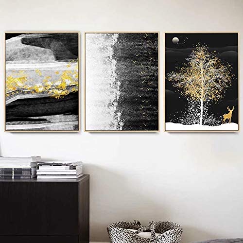 Tableau triptyque scandinave avec cerf et lune pour salon moderne