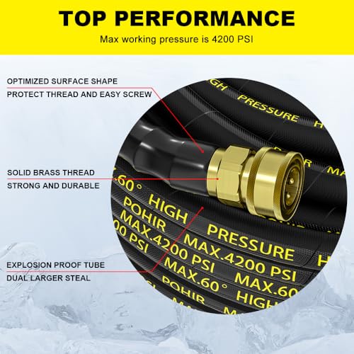 POHIR Pressure Washer Hose 50 ft with 3/8 Inch Quick Connect, Kink Resistant High Tensile Wire Braided,with 2 pcs M22 14mm Adapter Set, 4200 PSI Power Washer Hose by POHIR - Image 4