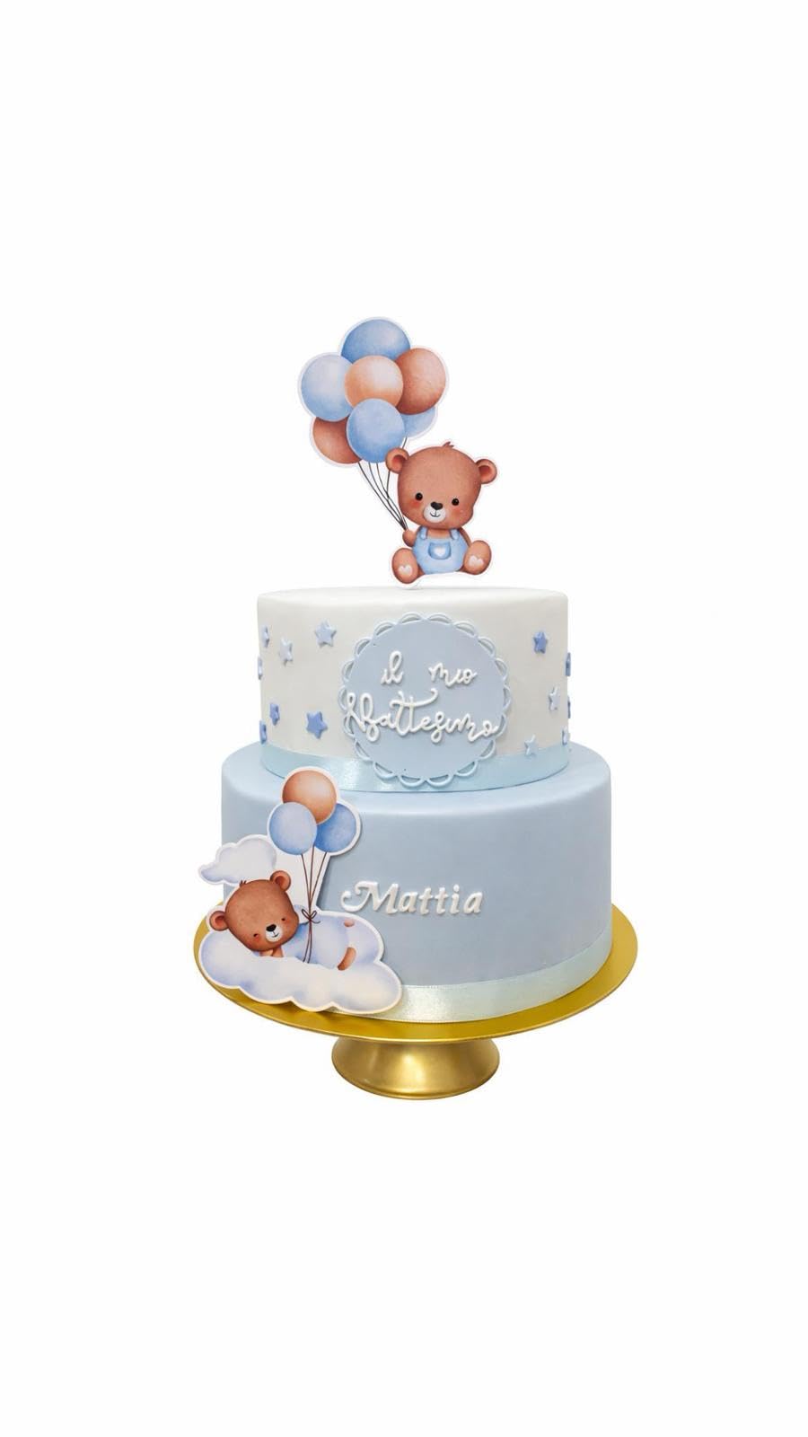 Torta Scenografica Battesimo Bimbo- Orsetto celeste - 2 piani - Torta Finta Decorativa per Feste