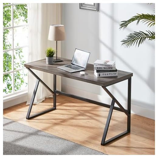 HSH Rustic Grey Computer Desk, Metal and Wood Home Office Desk, Industrial Modern Vintage Work Study Writing Table for Livingroom Bedroom, Farmhouse Oak PC Desk, Wooden Computer Table, Gray 47 Inch