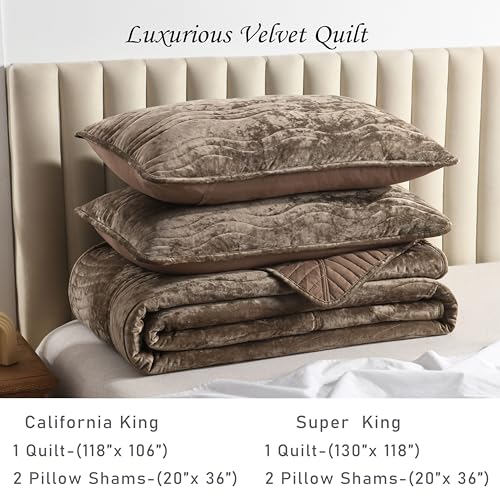 Image of Velvet Super King Size Quilt, Oversized California Comforter Set Mocha Brown Bedding Set (130 inch*118 inch) with 2 Pillow Shams, Luxurious Quilt Set,All-Season 3 Pieces