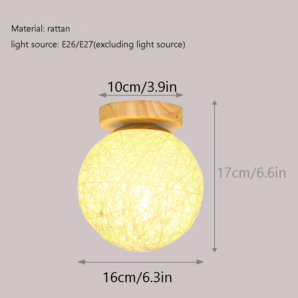 Beige Semi Flush Mount Ceiling Light Close to Ceiling Light Fixtures Wooden Ceiling Lamps Hand Woven Lampshades Easy to Install Lighting Fixture for Bedroom, Entryway, Corridor