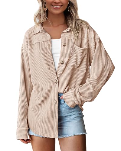 PRETTYGARDEN Women's Button Down Shirts 2025 Fall Long Sleeve Textured Stripe Tops Oversized Shacket Jacket Knit Blouses