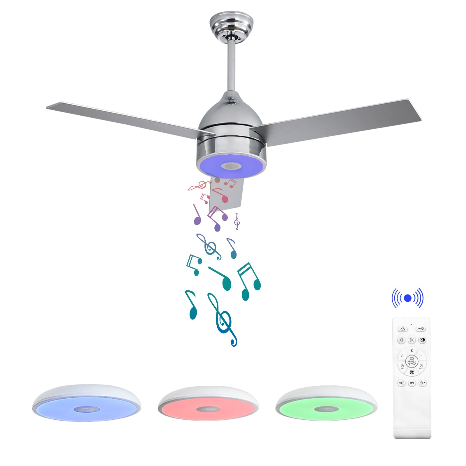 52 Inch Plated Finish Ceiling Fan with RGB Dimming LED Light,with Music Bluetooth Speaker,Remote Control,3-Speed Regulation,Reversible Motor,Timing,for Living Room,Bedroom,Restaurant,Outdoor