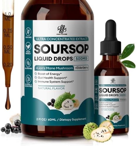 Soursop Graviola Liquid Drop with Elderberry & Lion Mane Mushroom, Soursop Bitter Liquid for Immune, Gut, Antioxidants, Cell & Energy Support, Sugar-Free, 3X Power Herbal, Natural Flavor, 2 Fl Oz