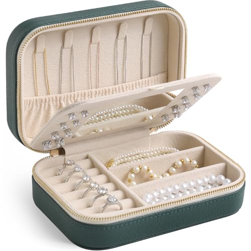Image of Genuine Leather Travel Jewelry Organizer Case with Mirror for Women, Small Mini Portable Jewelry Box for Ring Earrings Necklace Bracelet Luxury Gift for Women（Dark Green）