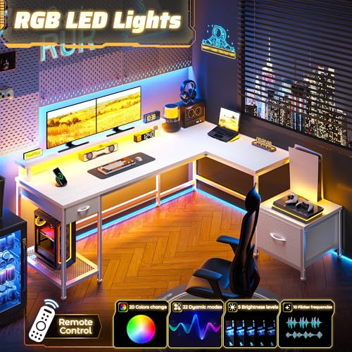 Image of DurayLoly 63 inch L Shaped Desk with 2 Drawers and Printer Stand,Bedroom,White | Large Computer Desk with Led Lights & Power Outlets,Monitor Stand and Storage Shelves,Corner Desk,Gaming, Work, Home Office