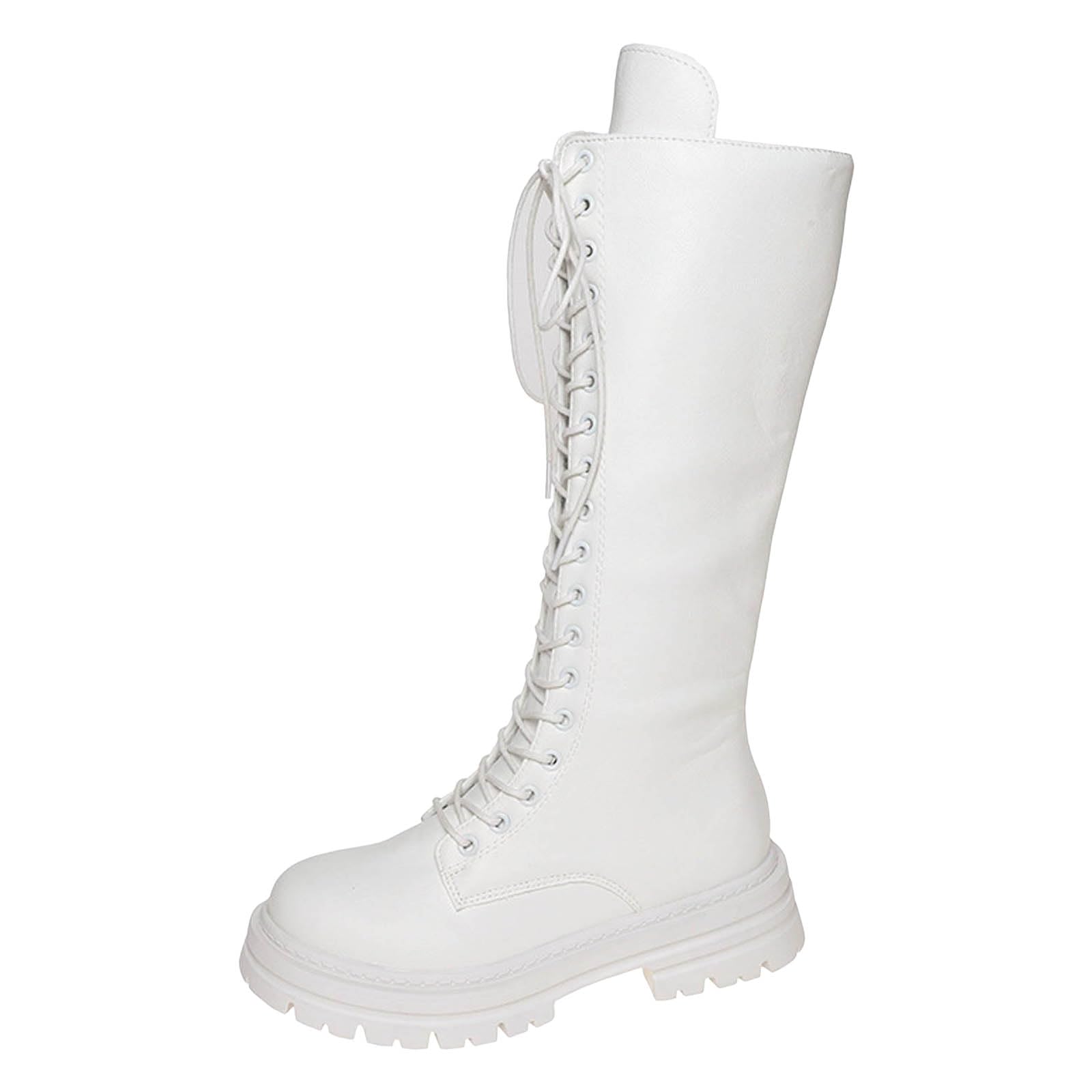 Womens Lace Up Combat Boots Wide Calf Knee High Boots PU Leather Round Toe Platform Punk Goth Boot