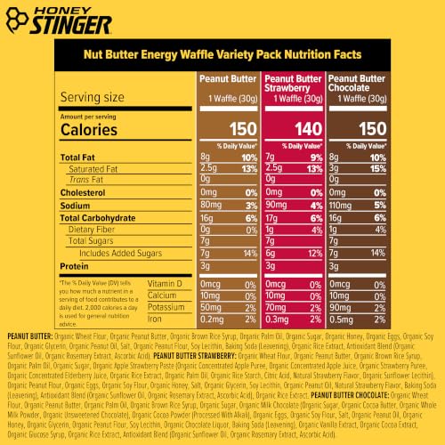 Image of Honey Stinger Organic Peanut Butter Energy Waffle Variety Pack of 18, 6 Pack Each of Peanut Butter, PB Chocolate and PB Strawberry, Nutritious Stroopwafel Snack for Exercise, Endurance and Performance