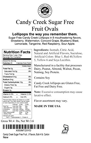 Oval Sugar Free Fruit Lollipops by Candy Creek, Bulk 4 lb. Carton, Strawberry, Watermelon, Concord Grape, Blueberry Blast, Lemonaid, Tangerine, Red Raspberry, and Sour Apple