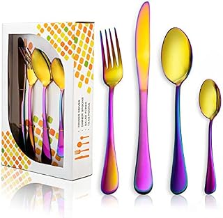24 Piece Rainbow Cutlery Set for 6, HaWare Stainless Steel Colorful Flatware Silverware Sets with Knife/Spoon/Fork, Iridescent Mirror Finish, Dishwasher Safe