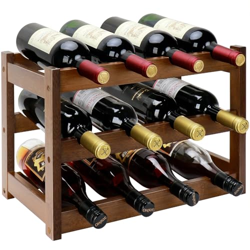 Thalomely Bamboo Wine Rack, 3-Tier 12 Bottles Wine Storage Cabinet Shelf, Easy-Assembly Freestanding Bamboo Wine Racks Countertop for Kitchen Pantry Dining Room Bar, Walnut