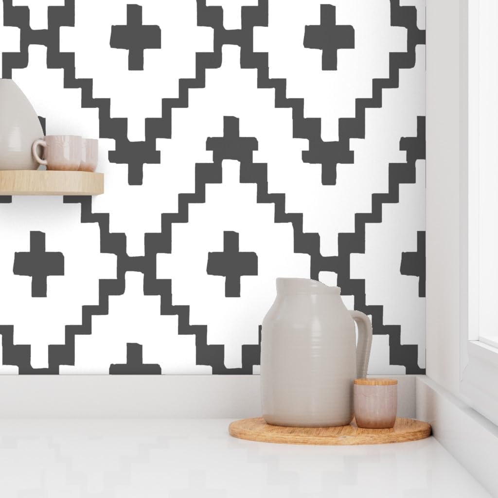 Removable Wallpaper 6ft x 2ft - Southwestern Diamonds Large Charcoal Chevron Boho Cross American Custom Pre-Pasted Wallpaper by Spoonflower