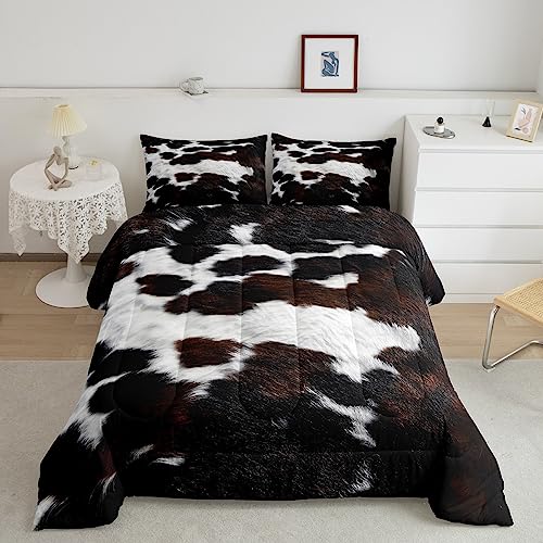 jejeloiu Cow Fur Print Comforter Set Twin Size Cowhide Print Comforter for Kids Teens Adults Western Farm Animal Skin Bedding Set Luxury Duvet Set Brown White Room Decor with 1 Pillow Case Boys