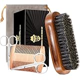 Beard Brush for Men, Boar Bristle Black Walnut Wood Beards and Mustaches Grooming Set Including Pure Boar Bristle Beard Brush, Beard Comb, Mustache Scissors, and Travel Bag