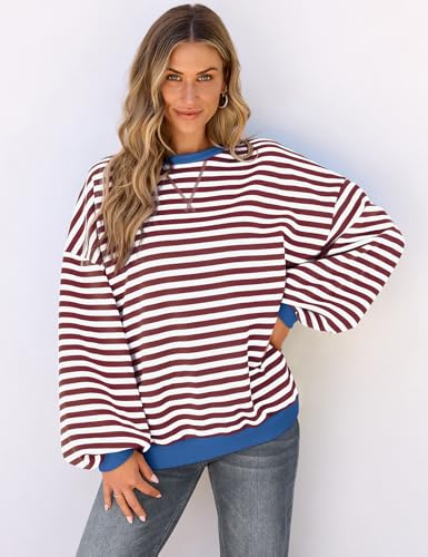 UEU Women Oversized Striped Crewneck Sweatshirt Long Sleeve Color Block Pullover Tops Casual Loose Workout Shirt2