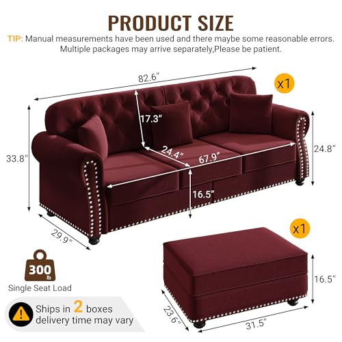 Image of KEIKI 83 inch Velvet Chesterfield Sofa with Rolled Arms & Nailhead Trim & 1 Ottoman, Modern 3-Seater Button Tufted Couch with High Resilience Cushion & 3 Pillow, Easy Assembly, for Living Room, Burgundy