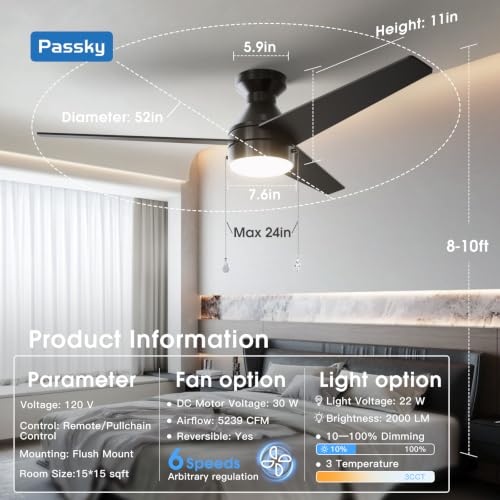 Image of Passky Ceiling Fans with Lights, 52 inch Low Profile Ceiling Fan with Pull Chain and Remote Control, Flush Mount, Reversible, 5CCT, Dimmable, Noiseless, Black Pull Cord Ceiling Fan for Bedroom