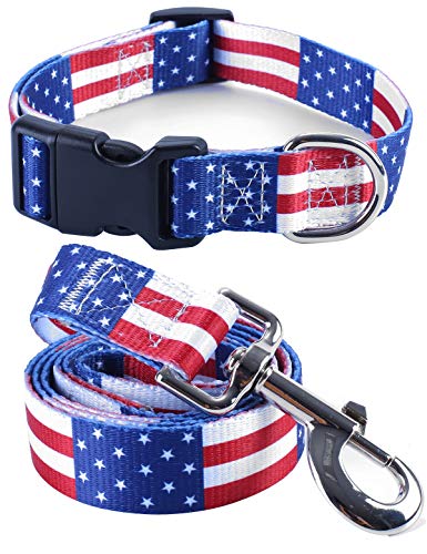 Impoosy 2PCS Cat Dog 4th of July Collar and Leash Set Pet Gift Adjustable Dogs American Flag Collars for Small to Large Pets (Medium)