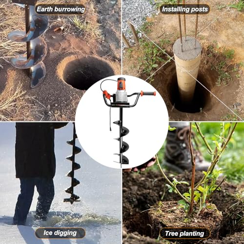 1700W Electric Post Hole Digger Ice Auger Drill with 4\"+ 6\"+8\" Auger Bit - Your Earth Auger Drill Powered Tool Auger Drill Bit for Garden Tools for Hand Tree Planting & More