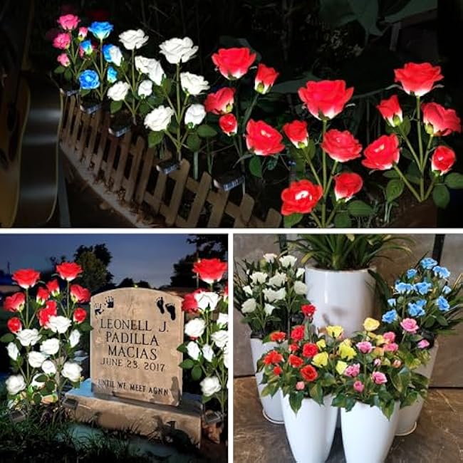 Solar Lights Outdoor Garden Decorative 4 Pack, Waterproof Solar Flower Lights with 20 Realistic Rose for Patio, Back Yard, Flower Bed, Pathway, Patio, Porch, White and Red