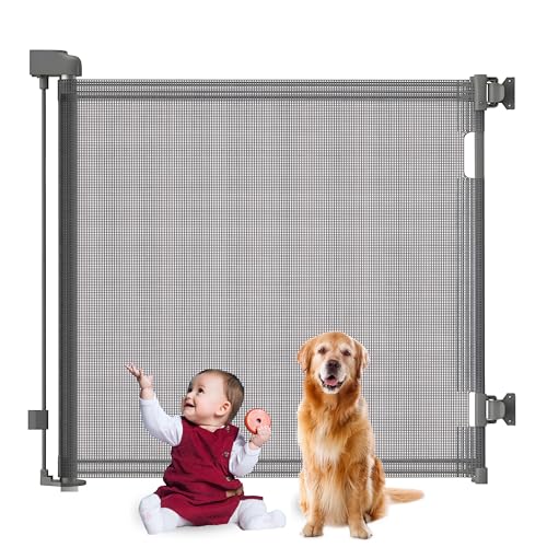 ReliantPro Baby gate Retractable Stair Gate for Dogs 86cm Tall Extends up to 55inch Stair Gate for Dogs & Babies Dog Gate for stairways and Hallways with Baby on Board Sticker (Grey 140 cm)