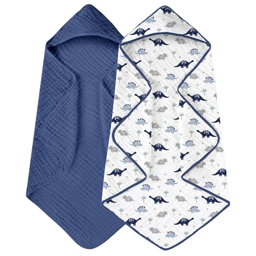 Image of Yoofoss Hooded Baby Towels for Newborn 2 Pack 100% Muslin Organic Cotton Baby Bath Towel with Hood for Babies, Infant, Toddler and Kids, 32x32Inch, Soft and Absorbent Newborn Essential, Navy Dinosaur