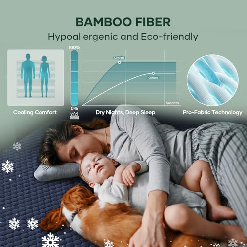 OhGeni 100% Waterproof Mattress Protector, Full Size Mattress Pad, Fits 6"-20" Mattresses with Deep Pocket, Cooling, Breathable Fitted Sheets, Soft Bed Cover, Noiseless, Machine Washable(Navy Blue)