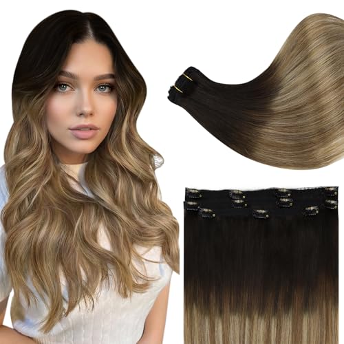 Image of Full Shine Seamless Clip in Hair Extensions Human Hair, Black Ombre Chestnut Brown Mix Caramel Blonde, Lace Weft, for Women, 14 Inch 60g 3 Pcs