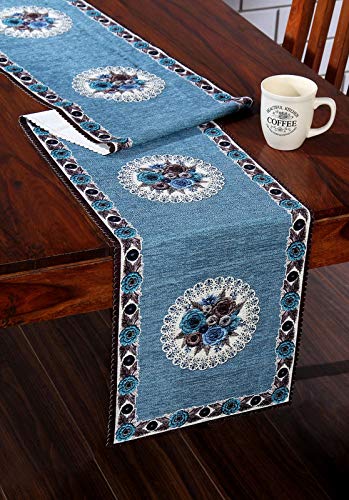 Linen Basics 4 Seater Cotton Cloth Chenille with Polyester Blend Runner for Dining , Center Table, Desing 3, Sky Blue