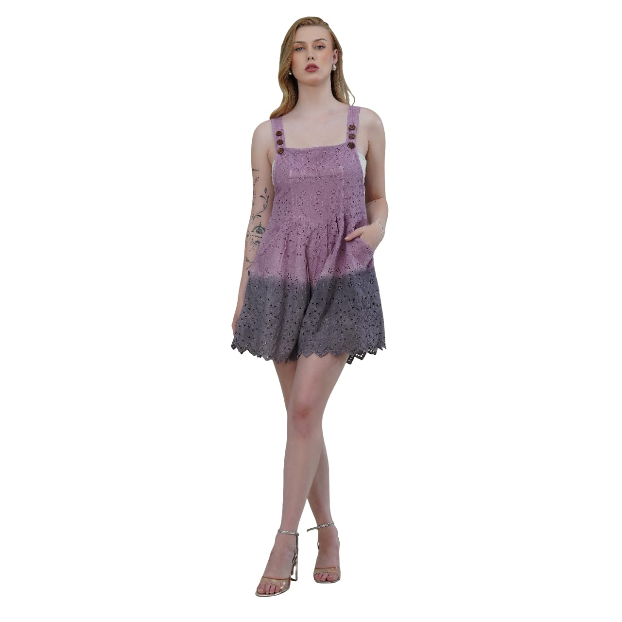 Relaxed Fit Mauve Cotton Ombre Schiffli Jumpsuit with Scalloped Hem & Buttoned Straps for Women with Elegant Design | Super Soft Breathable | Stylish & Comfortable | Ideal for Gifts-image-14