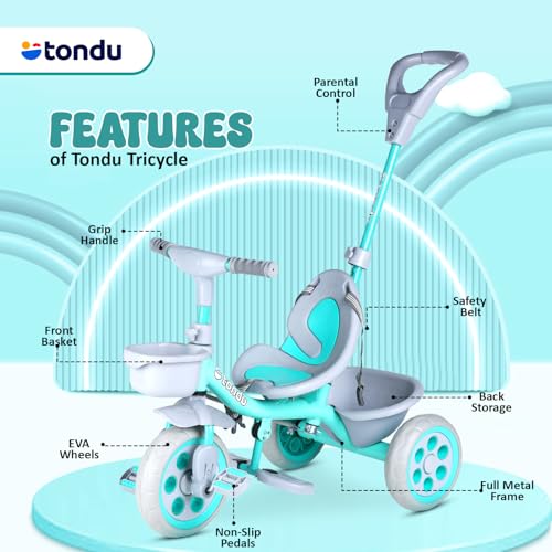 Image of TONDU Kiddo Tricycle for Kids /Baby with Storage Basket | Seat Belt with Parental Control Baby Tricycle (Sea Green)