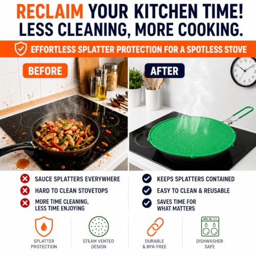 Silicone Splatter Screen for Frying Pan, 13” Green – Grease & Oil Splatter Guard, Heat Resistant, Dishwasher Safe, Foldable Handle with Sleeves – Splash Guard Fits 10–12” Pans, Most 13” Skillets — view 2