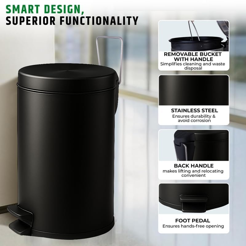 Image of Mumma's LIFE Dustbin for Kitchen with Lid | Black Stainless Steel Pedal Trash Cans | Small Dustbins for Home, Bathroom, Bedroom & Toilet (22Litre)