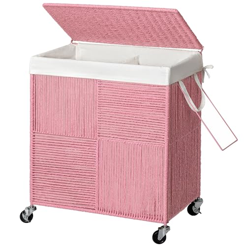 WOWLIVE Double Laundry Hamper with Wheels, Handwoven Rolling Laundry Basket