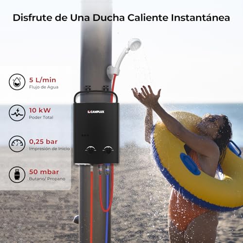 Miniatura 2 de Camplux Ay132b-De - Calentador De Agua Instantáneo Sin Depósito 50 Mbar, 5 Litros Lpg Con Mango Portátil, 10 Kw, Gas Propano O Butano Para Ducha De Camping