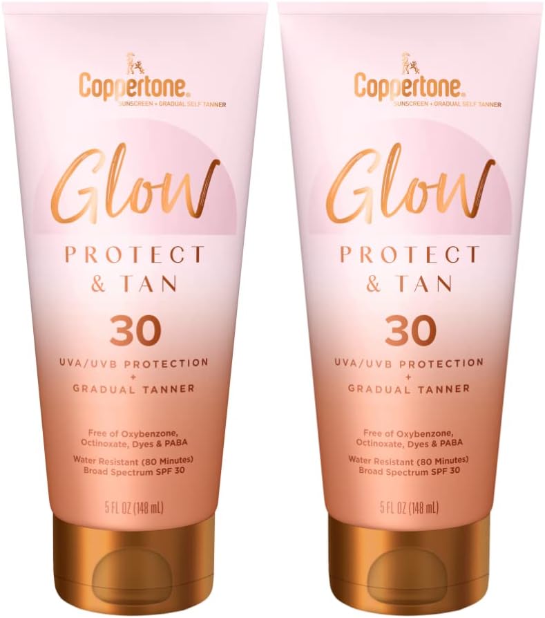 CoppertoneGlow Protect and Tan Sunscreen Lotion with Gradual Self Tanner, Water Resistant SPF 30, Bronze Color, Medium Skin Tone, Pack of 2