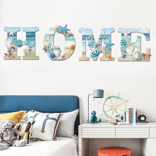 4 Pcs Wood Home Signs - Coastal Beach Style Signs With Blue Starfish and Shell Wall Decor for Home, Living Room, Kitchen, Bedroom - Image 7