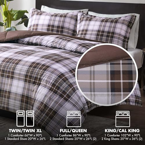 Image of Madison Park Essentials Parkston Plaid Comforter, Matching Sham, 3M Scotchguard Stain Release Cover, Hypoallergenic All Season Bedding-Set, Twin / Twin XL, Brown, 2 Piece