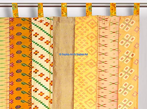 2 Pcs Set Indian Vintage Old Silk Fabric Patchwork Handmade Door Window Rod Pocket Home Decor Panel Curtain Set (Yellow Strip Patch, 84"X42" Each Panel) #TOP1