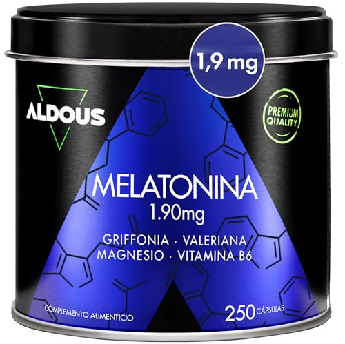 Melatonina Pura 1,9 mg con Magnesio - 250 Cápsulas para +8 meses - Pastillas para dormir bien - Ayuda a conciliar el sueño profundo - Insomnio, Cansancio - Con 5HTP, Valeriana, Vitamina B6 - ALDOUS
