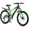 24 Inch Kids' Mountain Bike, 7-Speed Kids Bicycle for Boys & Girls Ages 8-12, Front Suspension Fork, Dual Disc Brakes, Adjustable Seat, Durable Steel Frame, Outdoor/Commuting/School Bike
