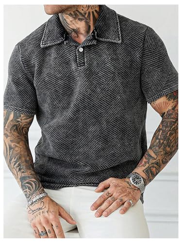 GORGLITTER Men's Hollow Out Half Button Shirt Short Sleeve Collar Knitted Street Tops3