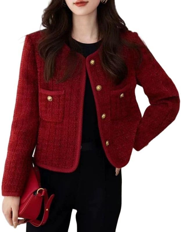 CHONG FENG XIA Autumn Winter Women's Short Tweed Blazers - Loose Red Single-Breasted Suit Jacket