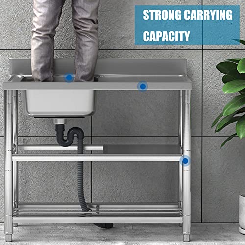 Ocazi Outdoor Utility Sink Free Standing Stainless Steel Sink Single Bowl Commercial Restaurant Kitchen Sink Set W/Faucet, Drainboard & Double Storage Shelves 90X50X85Cm/35.4X19.7X33.5In Left #TOP5