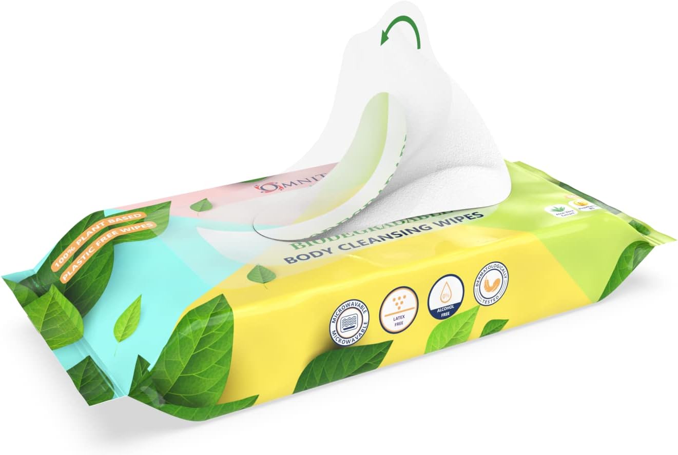 80x Omnitex Biodegradable Extra Large & Extra Thick Body Cleansing Wipes - Microwaveable | Rinse Free Wipes for Camping, Festivals, Elderly Bed Bath | Alcohol Free, With Aloe Vera & Vitamins | 2x 40pk 8