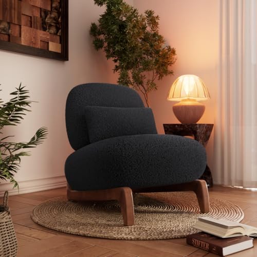 Image of Modern Upholstered Lounge Chair | Premium Fabric Accent Chair with Solid Wooden Legs | Comfortable Single Seater for Living Room, Bedroom & Office (Black)
