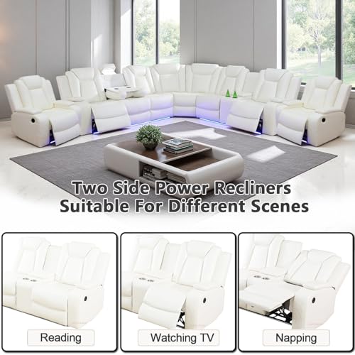 Image of Power Recliner Sofa Sectional Couch with LED Light for Living Room, Cream White Leather Reclining Corner Sectional Sofa with 4 Recliner Seats,Cup Holder,Storage Console for House /Home